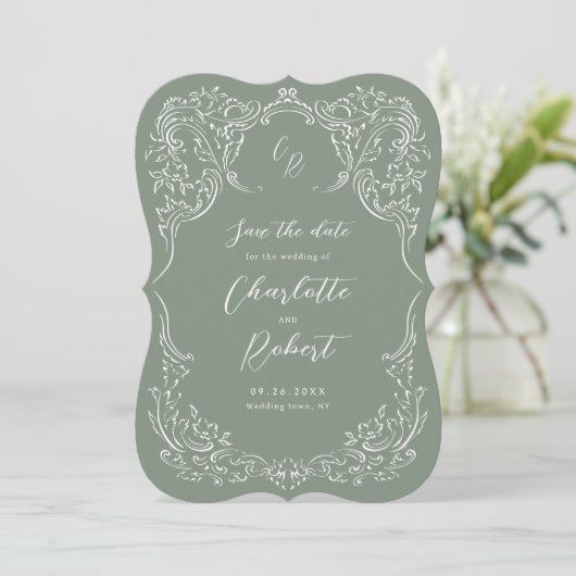 Sage Sketched  Flourish Monogram Huwelijk Save The Date (Staand voorkant)