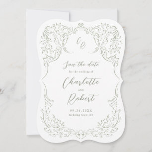 Sage Sketched  Flourish Monogram Huwelijk Save The Date