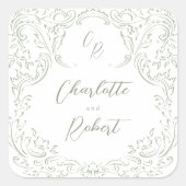 Sage Sketched  Flourish Monogram Huwelijk Vierkante Sticker (Voorkant)