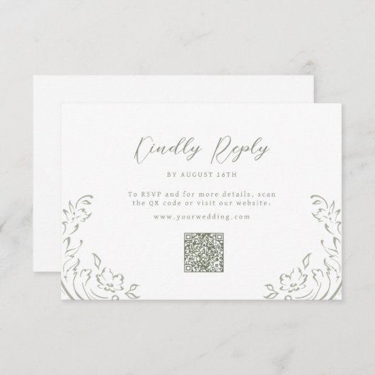 Sage Sketched  Flourish QR code bruiloft RSVP Kaartje (Voorkant / Achterkant)