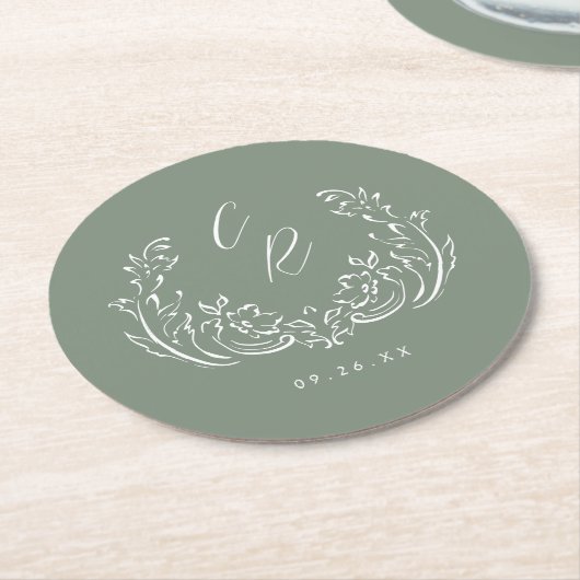Sage Sketched  Flourish Wedding Monogram Ronde Kartonnen Onderzetter (Gebogen)