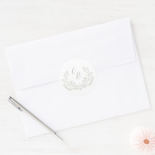 Sage Sketched  Flourish Wedding Monogram Ronde Sticker (Envelop)