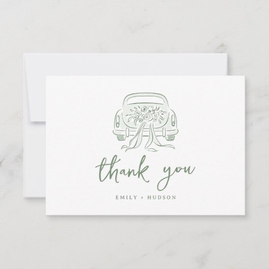Sage Sketched Just Married Car Couples Monogram Bedankkaart (Voorkant)