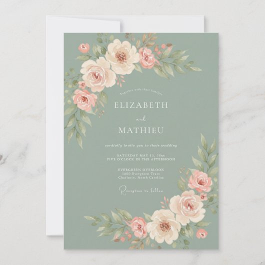Sage Soft Bloom Romance Bruiloft Kaart (Voorkant)