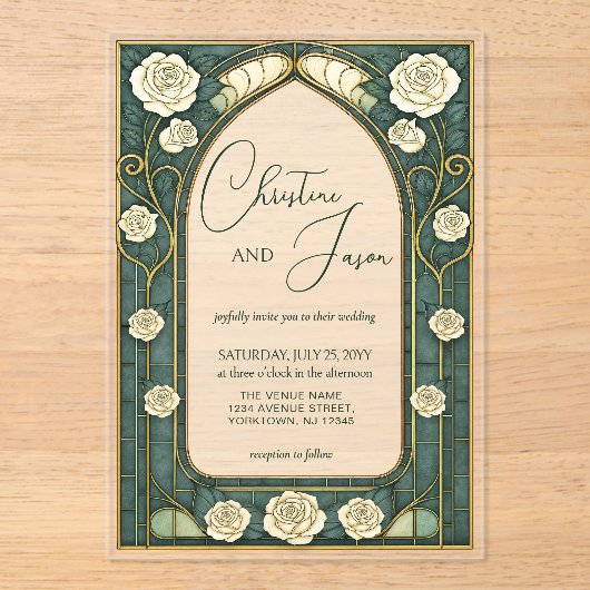 Sage Stained Glass Floral Art Nouveau Wedding  Acryl Uitnodigingen (Voorkant)