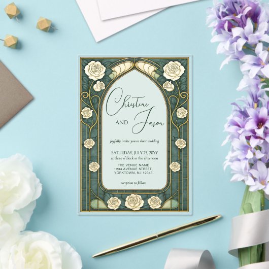 Sage Stained Glass Floral Art Nouveau Wedding  Acryl Uitnodigingen (Insitu (Huwelijk))