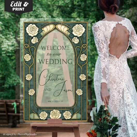 Sage Stained Glass Floral Wedding Welcome Acryl Bord