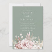 Sage, Stof Roze & Blush Bloemen Bruiloft Kaart (Voorkant)