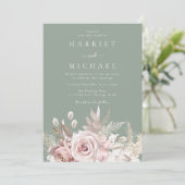 Sage, Stof Roze & Blush Bloemen Bruiloft Kaart (Staand voorkant)