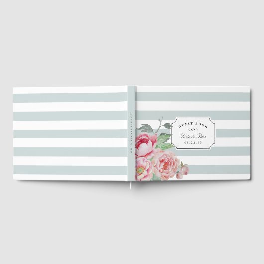Sage Stripe en Antiek Blush Peony Wedding Gastenboek (Volledig)