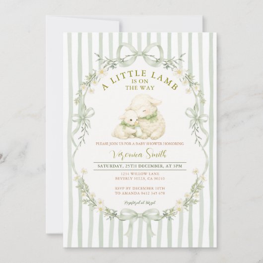 Sage Stripe Little Lamb Baby Shower Invitation Kaart (Voorkant)