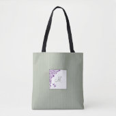Sage Stripe Paarse Floral Initiaal Monogram Tote Bag (Voorkant)