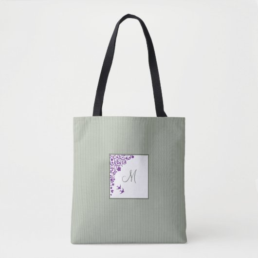 Sage Stripe Paarse Floral Initiaal Monogram Tote Bag (Voorkant)
