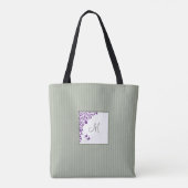 Sage Stripe Paarse Floral Initiaal Monogram Tote Bag (Achterkant)