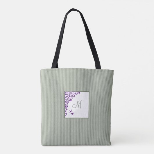 Sage Stripe Paarse Floral Initiaal Monogram Tote Bag (Achterkant)