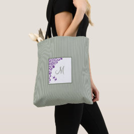 Sage Stripe Paarse Floral Initiaal Monogram Tote Bag