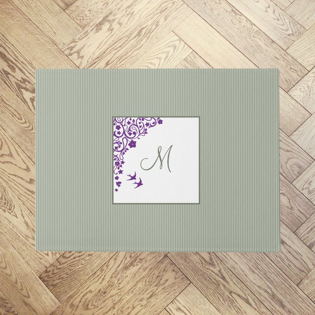 Sage Stripe Paarse Floral Script Monogram Doormat Deurmat (Creator heeft geüpload)