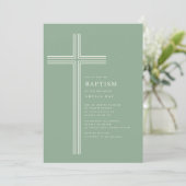 Sage Striped Cross Baptism Invitation Kaart (Staand voorkant)