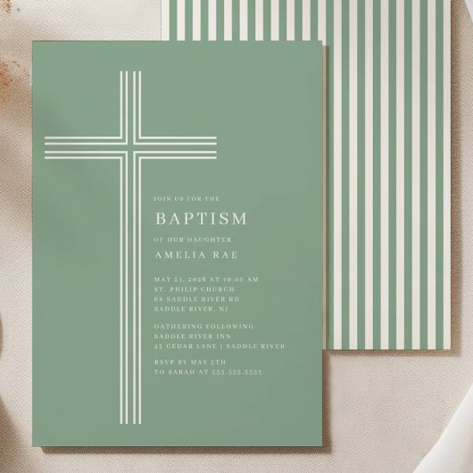 Sage Striped Cross Baptism Invitation Kaart