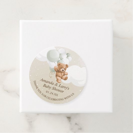 Sage teddybeer met ballonnen bedankjes labels (In situ)