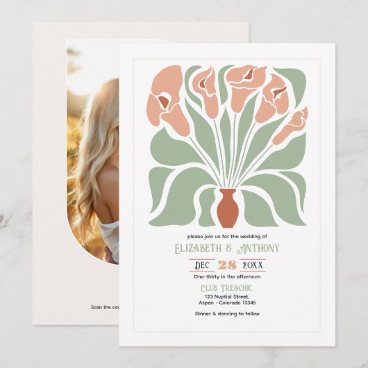 Sage & Terracotta Abstracte Bloem Boho Bruiloft Kaart (Voorkant / Achterkant)
