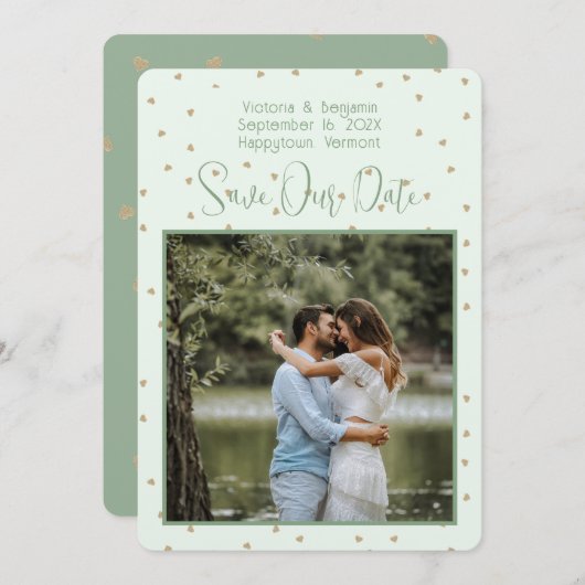 Sage Tiny Hearts Foto Save the Dates Kaart (Voorkant / Achterkant)