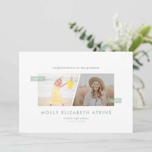 Sage Toen En Nu Twee Foto Afstuderen Aankondiging (Staand voorkant)