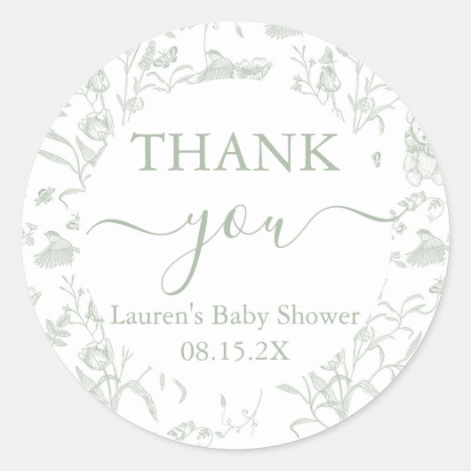 Sage Toile Beer Baby shower Ronde Sticker (Voorkant)