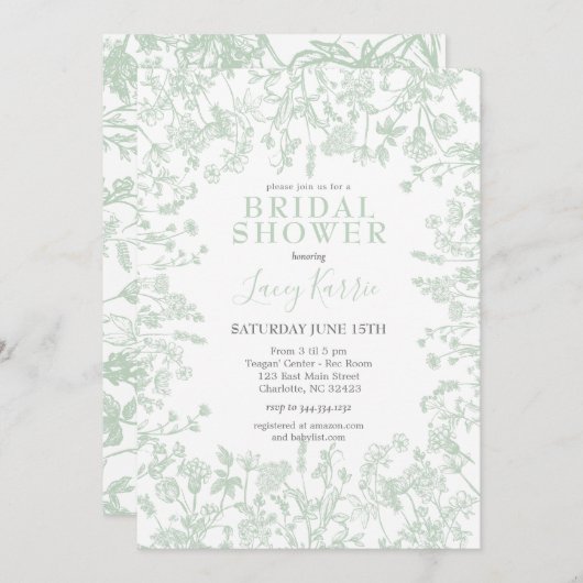 Sage Toile Bruids Douche Uitnodiging (Voorkant / Achterkant)