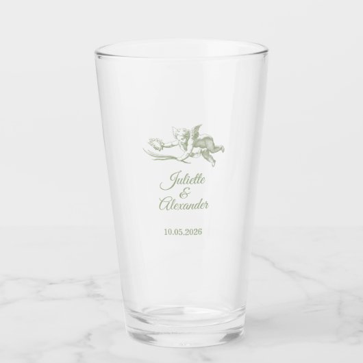 Sage Toile de Jouy Wedding Glass Cup with Cherub  Glas (Voorkant)