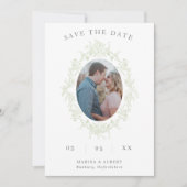 Sage Toile Floral Frame Photo QR Code Wedding Save The Date (Voorkant)