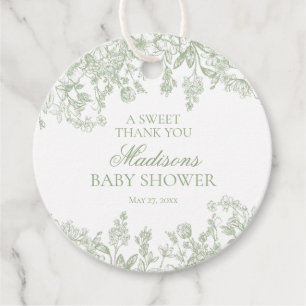 Sage Toile Jouy  Floral Baby shower Circle Bedankjes Labels