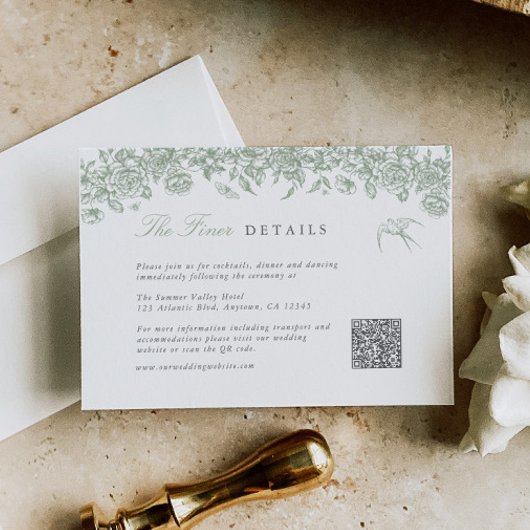 Sage Toile Trouwdetails Enclosure Card QR Code Informatiekaartje