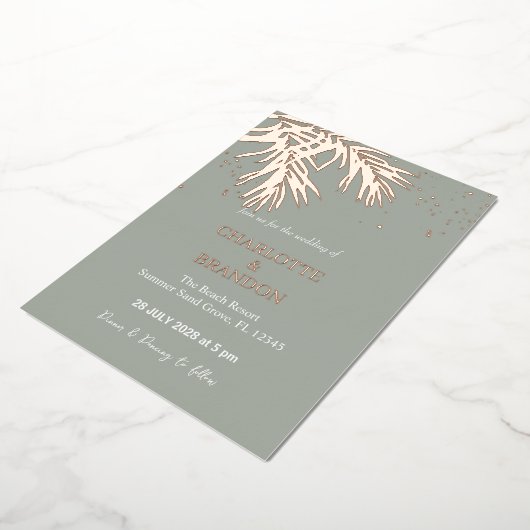 Sage Tropische Palm Bladeren Bruiloft Goud Folie Uitnodiging (Gedraaid)