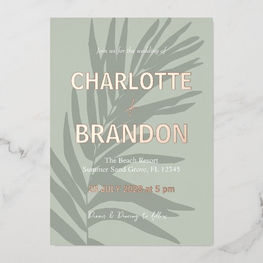 Sage Tropische Palm Leaf Bruiloft Folie Uitnodiging (Voorkant)