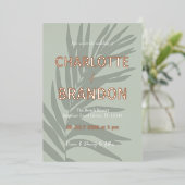 Sage Tropische Palm Leaf Bruiloft Folie Uitnodiging (Staand Voorkant)