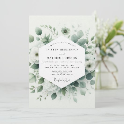 Sage Verdant Botanical Wedding Kaart (Staand voorkant)
