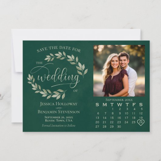 Sage verlaat Emerald Green Foto & Agenda bruiloft Save The Date (Voorkant)