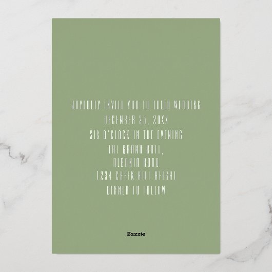 Sage Vet Namen Script Ultra Modern Bruiloft Gouden Folie Uitnodiging (Achterkant)