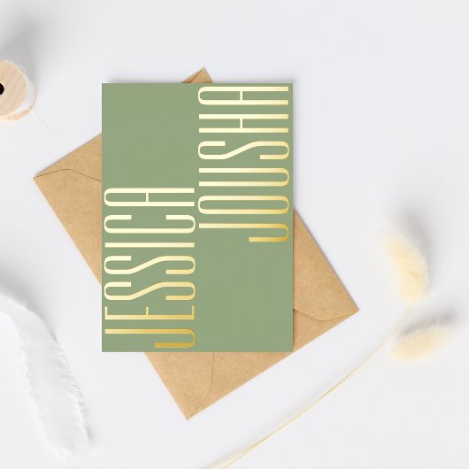 Sage Vet Namen Script Ultra Modern Bruiloft Gouden Folie Uitnodiging