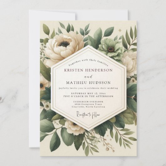 Sage Vintage Anemone Bruiloft Kaart (Voorkant)