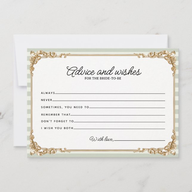 Sage Vintage Stripe Bridal Shower Advice card  (Voorkant)