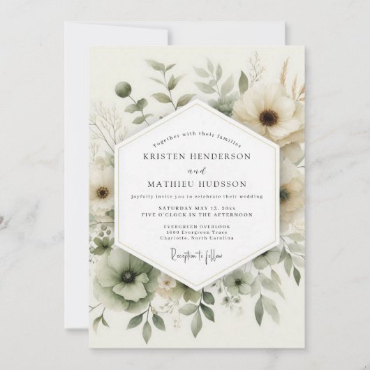 Sage Watercolor Anemone Wedding Kaart (Voorkant)