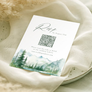 Sage Watercolor Berg Bos Rustieke QR-code RSVP Kaartje