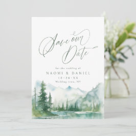 Sage Watercolor Mountain Forest Rustic Wedding Save The Date