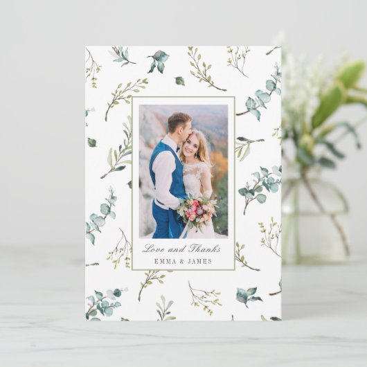 Sage Waterverf Eucalyptus Pattern Foto Weddenschap Bedankkaart (Staand voorkant)
