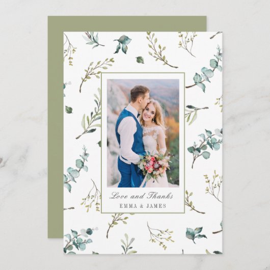 Sage Waterverf Eucalyptus Pattern Foto Weddenschap Bedankkaart (Voorkant / Achterkant)