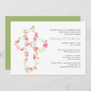 Sage Waterverf Floral Cross First Heilige Communie Kaart