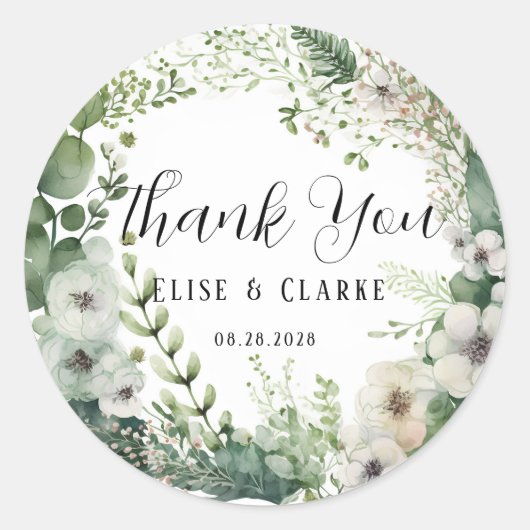 Sage Waterverf Peony Wedding Bedankt Ronde Sticker (Voorkant)