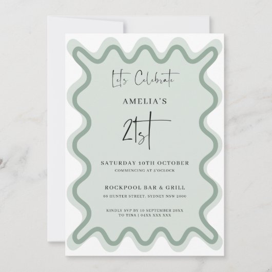 Sage Wavy Border 21e verjaardag uitnodiging (Voorkant)